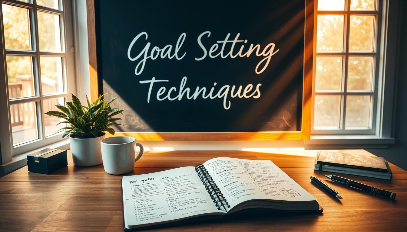 A serene workspace with a wooden desk, a potted plant, and a cup of coffee. In the center, a chalkboard displays the words "GOAL SETTING TECHNIQUES" in elegant cursive. Beams of warm, golden light filter through large windows, casting a cozy glow. On the desk, a Beautyquester | Health Beauty notebook lies open, revealing handwritten notes and sketches about personal goals and motivation. The atmosphere is one of focus, contemplation, and a sense of personal growth.