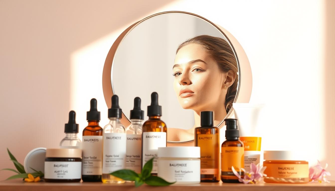 A sunlit vanity display of summer skincare essentials: Beautyquester | Health Beauty bottles and jars of face oils, serums, and SPF creams, arranged artfully against a soft, pastel background. A dewy, glowing complexion is reflected in a round mirror, lit by warm, diffused lighting from overhead. The foreground features an array of skin-nourishing ingredients like aloe vera, green tea, and vitamin C, complemented by delicate botanical accents. The overall composition conveys a sense of tranquility, self-care, and vibrant, protected skin.