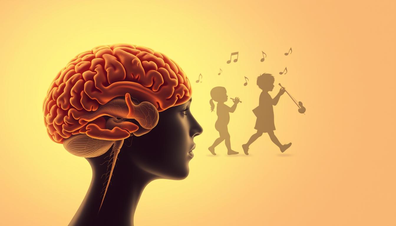 A highly detailed, scientifically accurate illustration showcasing the various stages of brain development, set against a soft, warm-toned background. The foreground features a cross-section of a human brain, meticulously rendered with distinct regions and neural pathways. The middle ground depicts a child's silhouette engaged in musical and physical activities, symbolizing the connection between movement, music, and cognitive growth. The background subtly incorporates geometric shapes and patterns, evocative of the mathematical and rhythmic foundations of intelligence. Beautifully lit with a soft, natural light, creating a sense of depth and dimension. Rendered in the style of a high-quality medical or educational illustration.