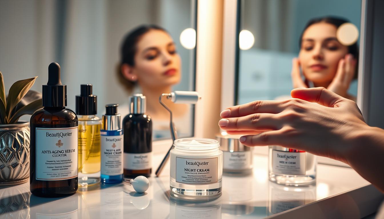 A vanity counter bathed in soft, warm lighting, with various Beautyquester | Health Beauty products meticulously arranged: a jar of anti-aging night cream, a bottle of serum, a delicate facial roller, and a luxurious eye cream. In the foreground, a serene hand applies the night cream, while in the background, a mirror reflects the peaceful expression of the person carrying out their evening anti-aging skincare routine.
