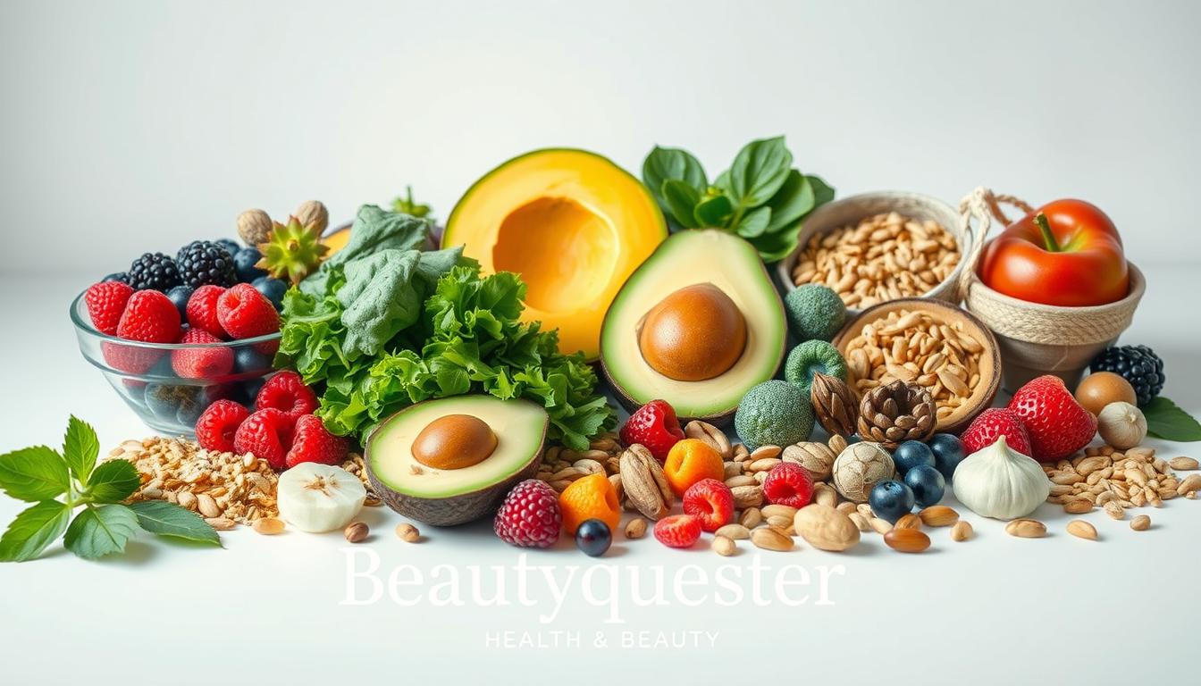 A high-resolution, beautifully lit photograph of an artfully arranged still life featuring a variety of vibrant, age-defying superfoods, including colorful berries, leafy greens, avocados, nuts, and seeds. The produce is showcased against a clean, minimalist backdrop, with soft, flattering lighting highlighting the natural textures and hues. The composition is balanced and visually appealing, drawing the viewer's attention to the nourishing, radiant ingredients. In the foreground, the "Beautyquester | Health Beauty" brand name is prominently displayed, emphasizing the connection between these superfood heroes and their ability to promote a youthful, glowing complexion.