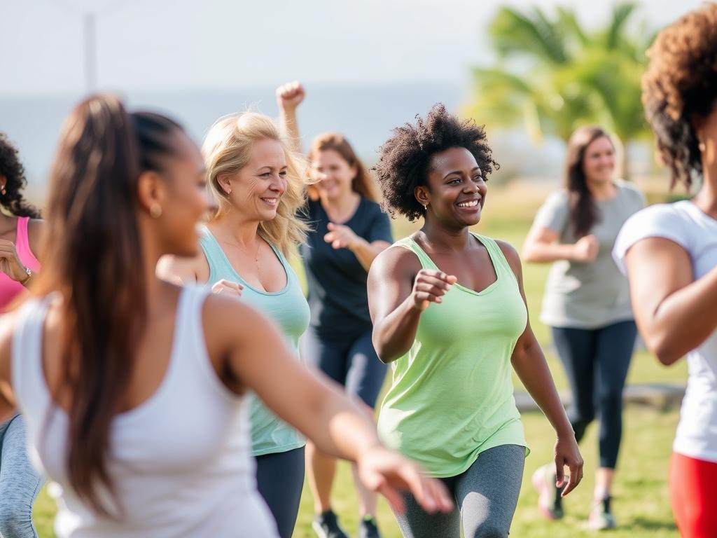 Group of people exercising together outdoors showing social connection