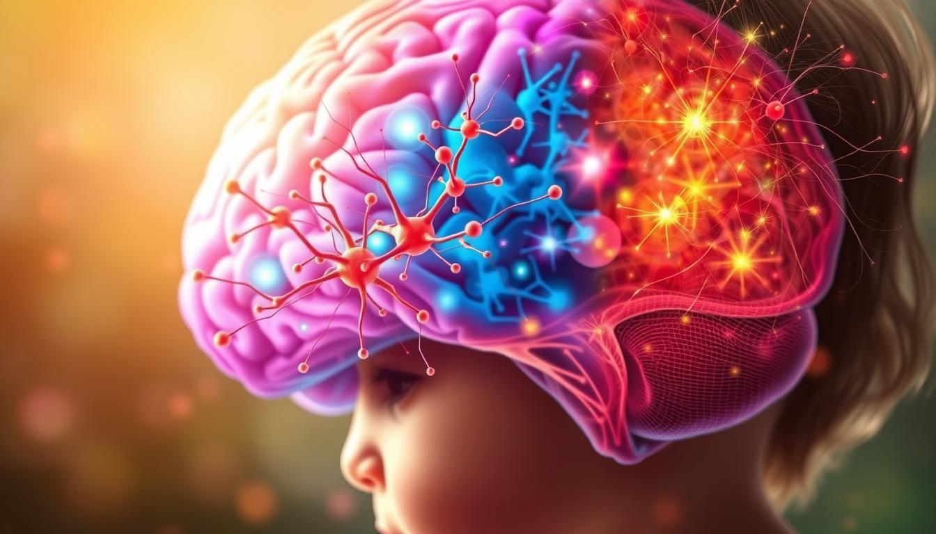 Toddler brain development, a captivating cross-section of a young mind in vibrant hues. Beautifully rendered neurons firing, synapses connecting in a mesmerizing dance of cognitive growth. Delicate, intricate pathways weaving through a vibrant, pulsing landscape, bathed in warm, natural lighting that casts a soft, dreamy glow. In the foreground, a curious toddler's face, eyes wide with wonder, reflecting the dynamic changes unfolding within. The middle ground showcases the complex network of neural circuits, each a testament to the rapid expansion of a developing brain. The background subtly fades into a serene, contemplative atmosphere, inviting the viewer to ponder the wonders of Beautyquester | Health Beauty's toddler brain development.