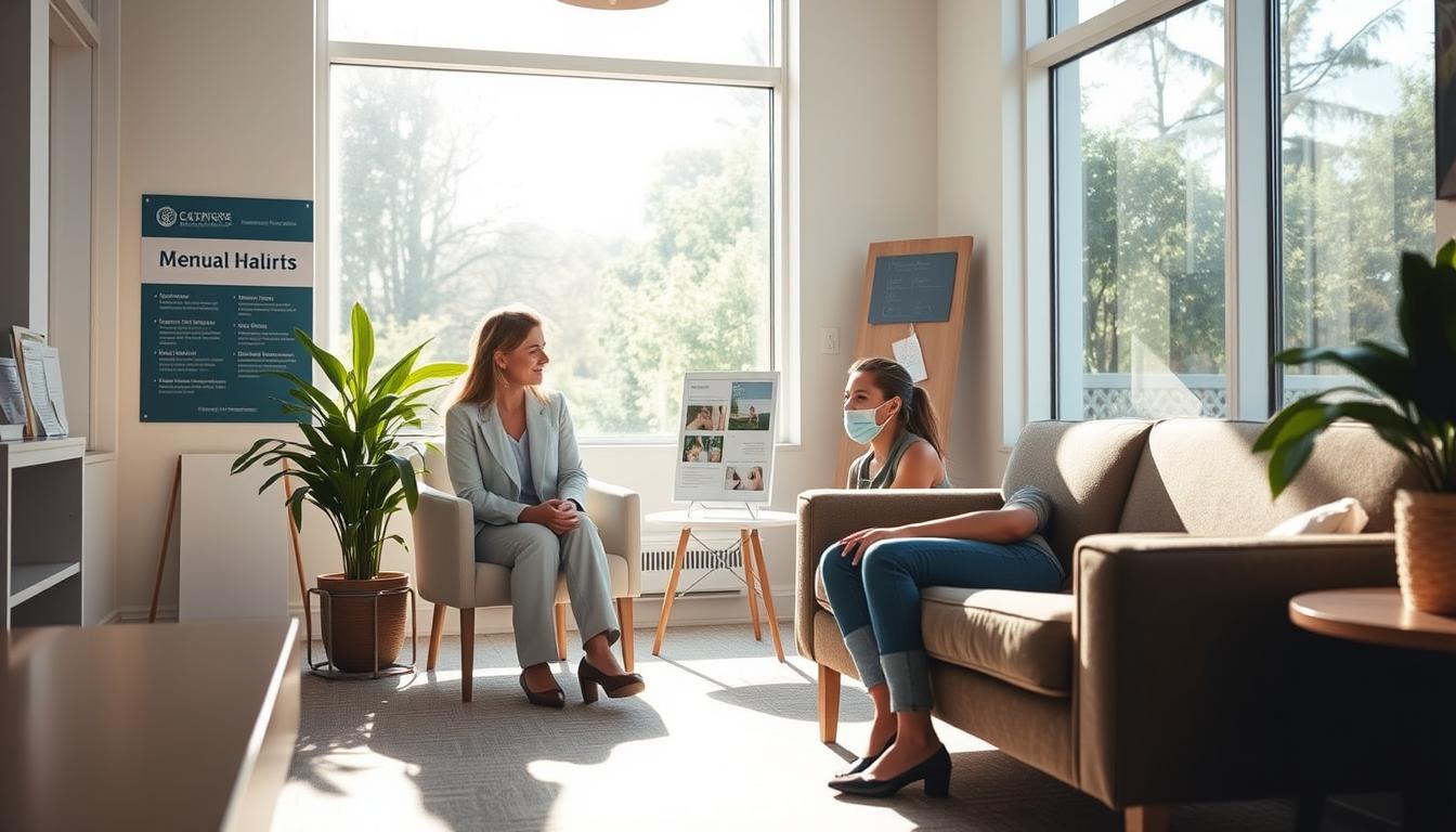 A peaceful and welcoming mental health clinic, bathed in soft natural lighting streaming through large windows. In the foreground, a supportive therapist listens attentively to a patient seated comfortably on a plush sofa. The middle ground features informational brochures and a discreet sign indicating the services available. The background showcases a tranquil garden view, conveying a sense of serenity and healing. The overall atmosphere is one of empathy, professionalism, and a safe space for those seeking guidance and support.
