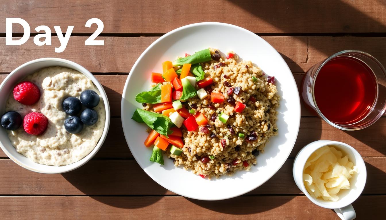 7-Day Healthy Eating Challenge for Natural Detox Day 2 meal spread for the 7-Day Healthy Eating Challenge featuring probiotic-rich foods