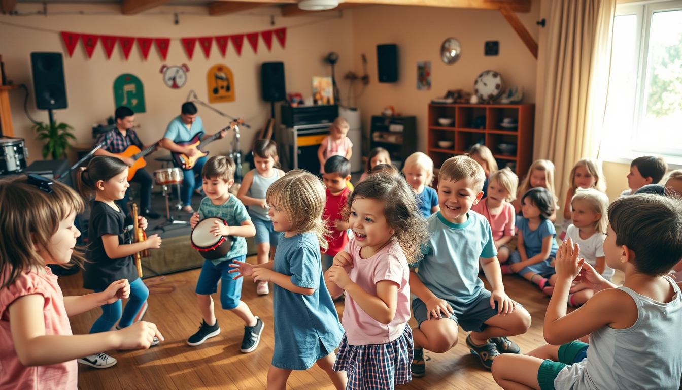 A joyful and energetic scene of young children engaged in various music-related activities. In the foreground, a group of kids playfully dancing and moving to the rhythm of a live band performing on a small stage. The middle ground features children playing drums, tambourines, and other percussion instruments, their faces alight with concentration and delight. In the background, a group of children sit in a circle, listening intently as a teacher guides them through a musical lesson. Warm, natural lighting illuminates the scene, creating a sense of warmth and vibrancy. Captured with a wide-angle lens to showcase the dynamic movement and interactions. Beautyquester | Health Beauty