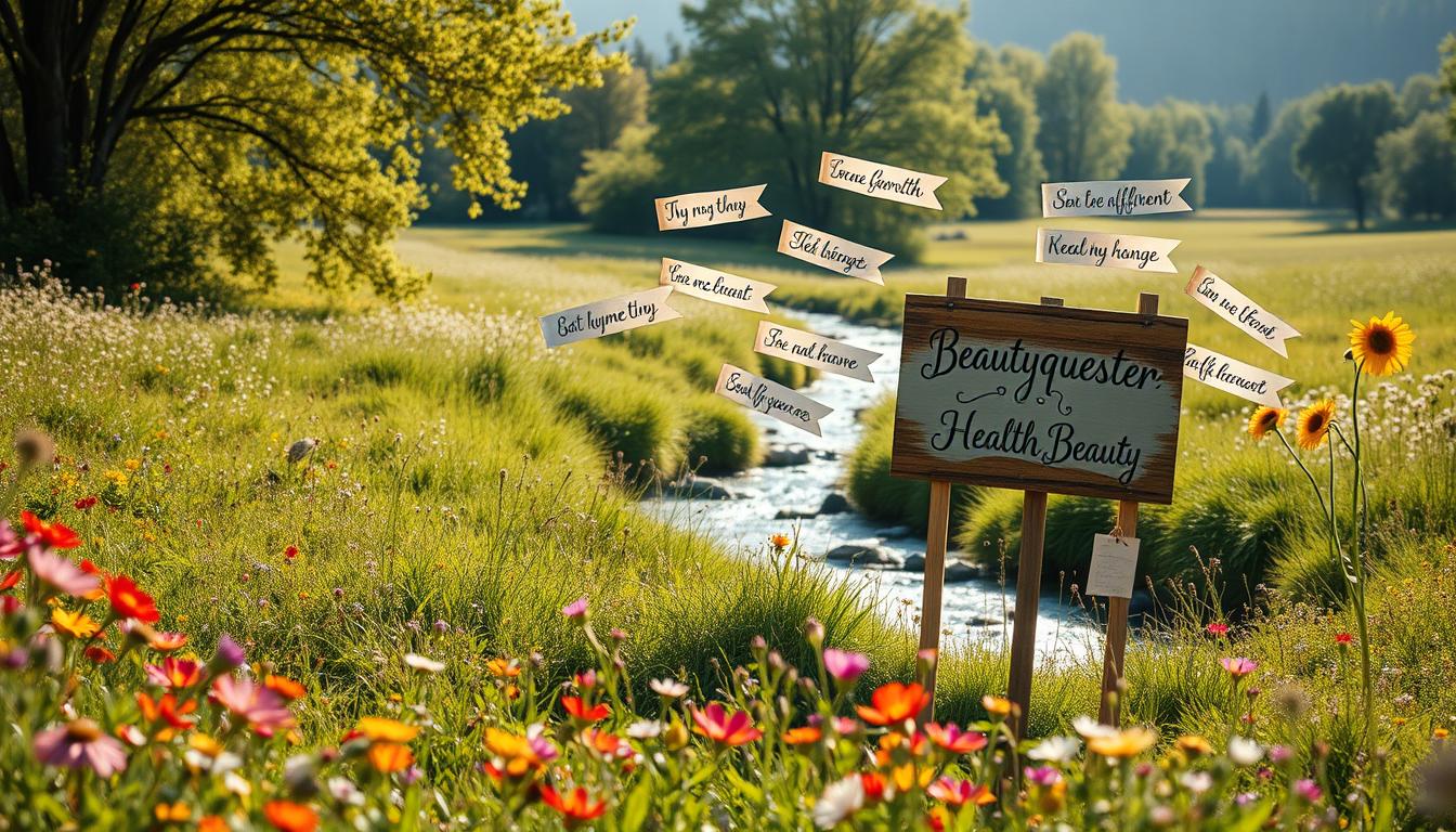 Prompt A serene, sun-dappled meadow, with vibrant wildflowers in the foreground and a peaceful stream flowing in the middle distance. In the center, a hand-painted sign bearing the words "Beautyquester | Health Beauty" stands as a backdrop for a collection of positive affirmations, each one elegantly calligraphed on delicate paper scrolls. The affirmations float in the air, gently moving in a light breeze, creating a sense of tranquility and personal growth. The lighting is soft and warm, casting a gentle glow over the entire scene, and the angle is slightly elevated, providing a panoramic view of the idyllic landscape.
