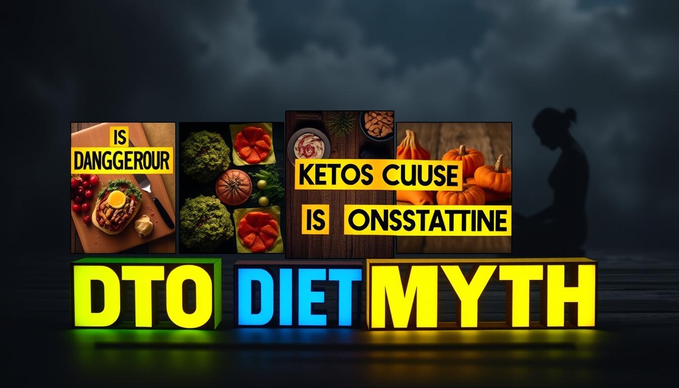 Keto diet myths depicted as a series of illuminated text blocks against a moody, muted background. Foreground features prominent, boldly-colored text labels highlighting common misconceptions such as "Keto is Dangerous", "Keto Causes Constipation", and "Keto is Unsustainable". Middle ground showcases realistic, visually-arresting imagery of a healthy keto meal, whole foods, and a person meditating to convey balance and well-being. Background provides a sense of depth and introspection with soft lighting and a blurred, dreamlike quality. Beautyquester | Health Beauty