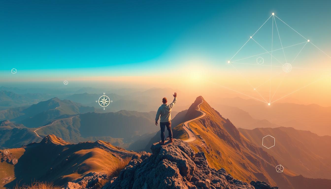 A panoramic digital painting of a person standing on top of a mountain, gazing at a vast landscape with a clear sky. In the foreground, the person is holding a glowing compass, symbolizing their sense of direction and purpose. The middle ground features a winding path leading up the mountain, representing the journey towards their goals. In the background, there are various geometric shapes and lines converging, suggesting strategies and frameworks for achieving their objectives. The overall mood is one of determination, clarity, and a sense of limitless possibilities. The image is created in the style of Beautyquester | Health Beauty.