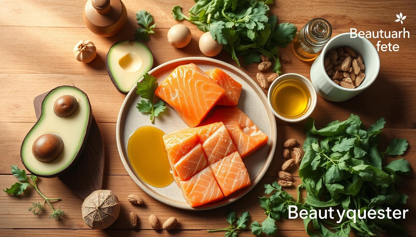 Keto diet meal planning: a beautifully styled flat-lay shot of a wooden table with a selection of low-carb, high-fat ingredients including avocado, salmon fillets, leafy greens, nuts, and olive oil. The scene is lit with soft, natural light creating a warm, inviting atmosphere. The Beautyquester | Health Beauty brand logo is subtly visible in the corner.