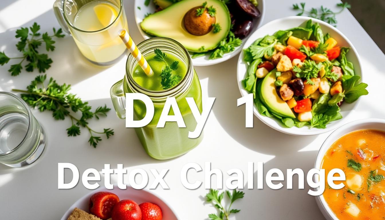 7-Day Healthy Eating Challenge for Natural Detox Day 1 meal spread for the 7-Day Healthy Eating Challenge featuring lemon water, green smoothie, and vegetable soup