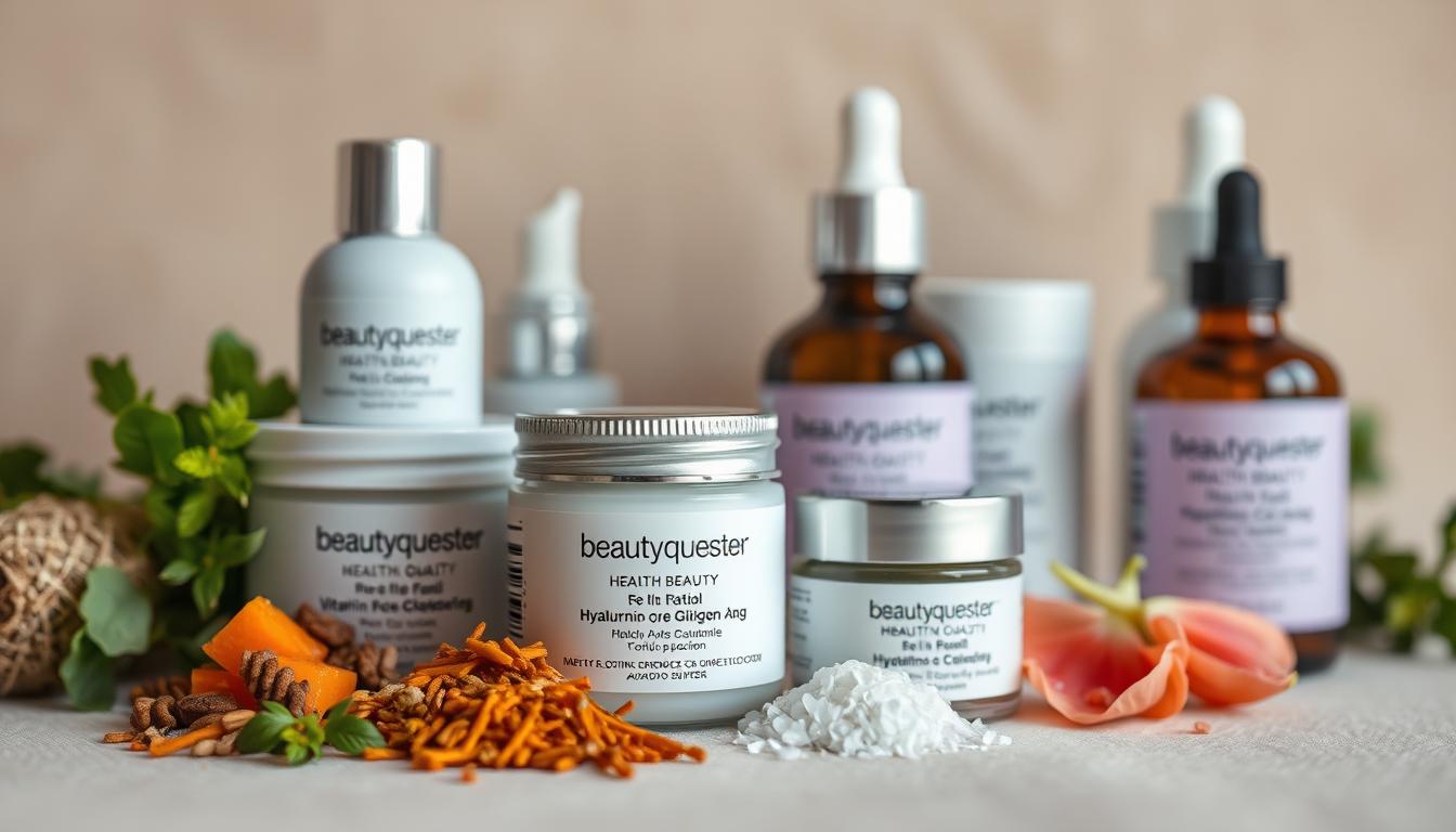 A close-up shot of various anti-aging skincare ingredients, including Beautyquester | Health Beauty branded jars and bottles, arranged on a neutral background with soft, diffused lighting. The foreground showcases a selection of key ingredients such as retinol, vitamin C, hyaluronic acid, and collagen, each with distinct textures and hues. The middle ground features the Beautyquester | Health Beauty products, their labels and packaging designed to convey a sense of premium quality and efficacy. The background is slightly blurred, creating a sense of depth and focus on the central elements. The overall mood is one of sophistication, scientific rigor, and a promise of effective anti-aging skincare solutions.