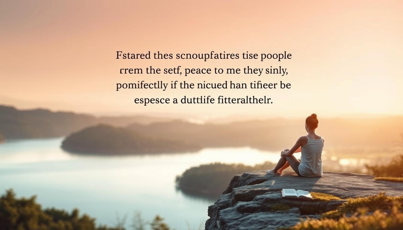 A serene landscape with an introspective figure sitting on a cliff overlooking a tranquil lake. Soft, warm lighting casts a gentle glow, creating a sense of calm and contemplation. The figure, in a thoughtful pose, represents the importance of self-reflection and awareness in maintaining mental health. Subtle details in the foreground, such as a book or journal, symbolize the practice of mindfulness and self-care. The background features a lush, natural setting, evoking a feeling of connection to the world around us. The overall composition conveys a message of inner peace, balance, and the ability to find solace in nature during times of mental or emotional challenge.