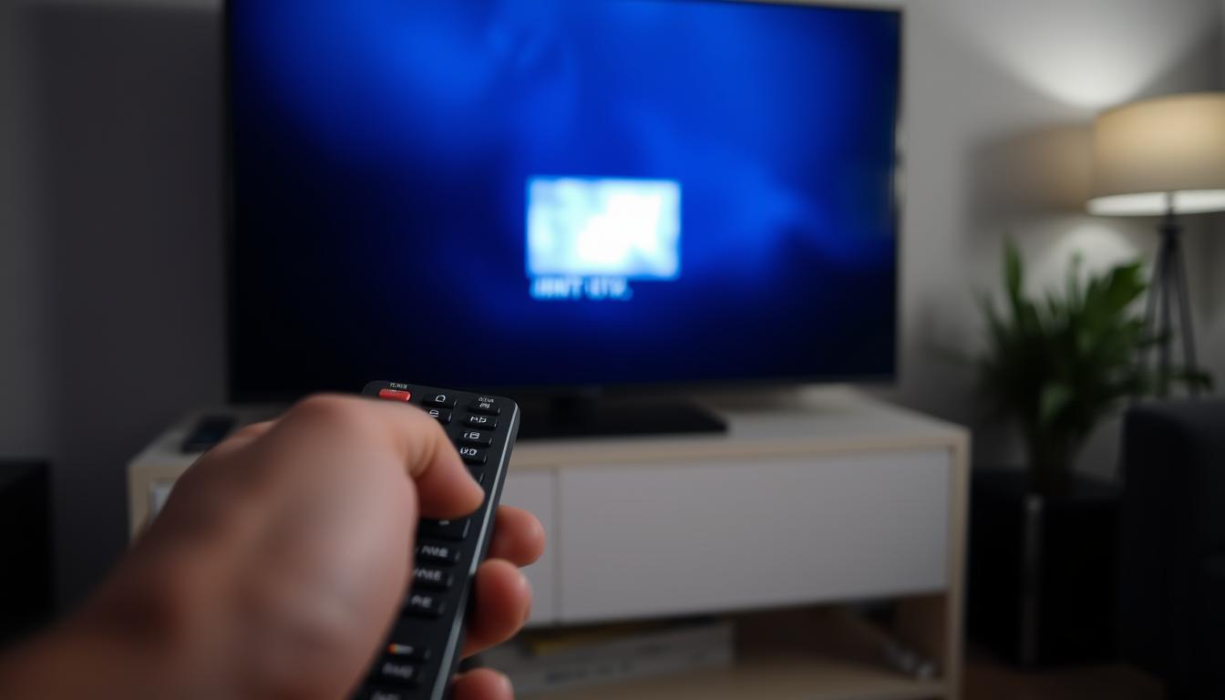 An IPTV streaming service experiencing buffering, with a closeup view of a frozen video frame on a smart TV screen. The screen is dimly lit, with a slight blue tint, suggesting a night-time setting. In the foreground, a hand holding a TV remote is visible, reflecting the user's frustration. The background is blurred, hinting at a living room environment. The overall mood conveys a sense of irritation and disruption to the viewing experience.