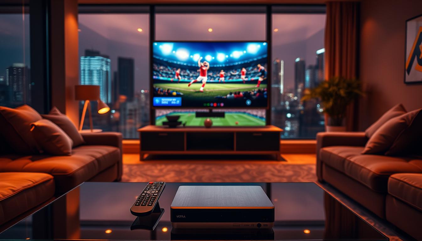 A modern living room with a large, flat-screen TV displaying a high-definition FIFA World Cup match. The room is bathed in warm, ambient lighting, creating a cozy and immersive atmosphere. In the foreground, a sleek, high-end remote control and a premium IPTV subscription box sit on a minimalist, glass-topped coffee table. The middle ground features comfortable, plush seating arrangements, ideal for sports viewing. The background showcases large windows overlooking a bustling city skyline, reinforcing the premium nature of the IPTV service. The overall scene conveys the unmatched benefits of a premium IPTV subscription for passionate World Cup fans, offering a luxurious, cinematic viewing experience in the comfort of their own home.