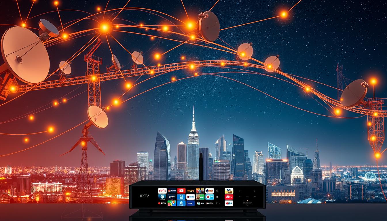 A vast, global network of satellite dishes, broadcasting towers, and fiber optic cables, illuminated by a warm, golden glow. In the foreground, a sleek, modern IPTV set-top box, its display showcasing a diverse array of international television channels. The middle ground features a cityscape skyline, with skyscrapers and landmarks from various regions of the world. In the background, a night sky speckled with stars, hinting at the boundless reach of this worldwide channel access. The scene conveys a sense of connection, technology, and the joy of experiencing global entertainment from the comfort of one's home.