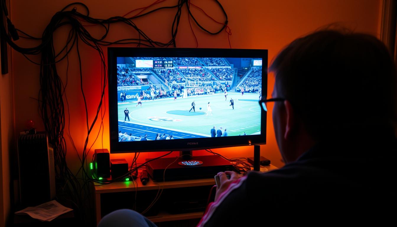 A live sports event unfolding on a high-definition television, with the screen suddenly freezing mid-action, surrounded by a network of tangled cables, blinking lights, and a cluttered home entertainment setup. The viewer's face is obscured, their frustration palpable as they grapple with the interruption, the anticipation of the game's climax now disrupted by the ever-present spectre of IPTV buffering. The scene is bathed in a warm, amber glow, creating a sense of domestic intimacy, yet the tension is palpable, the mood somber, as the promised uninterrupted viewing experience is shattered by technological hiccups.