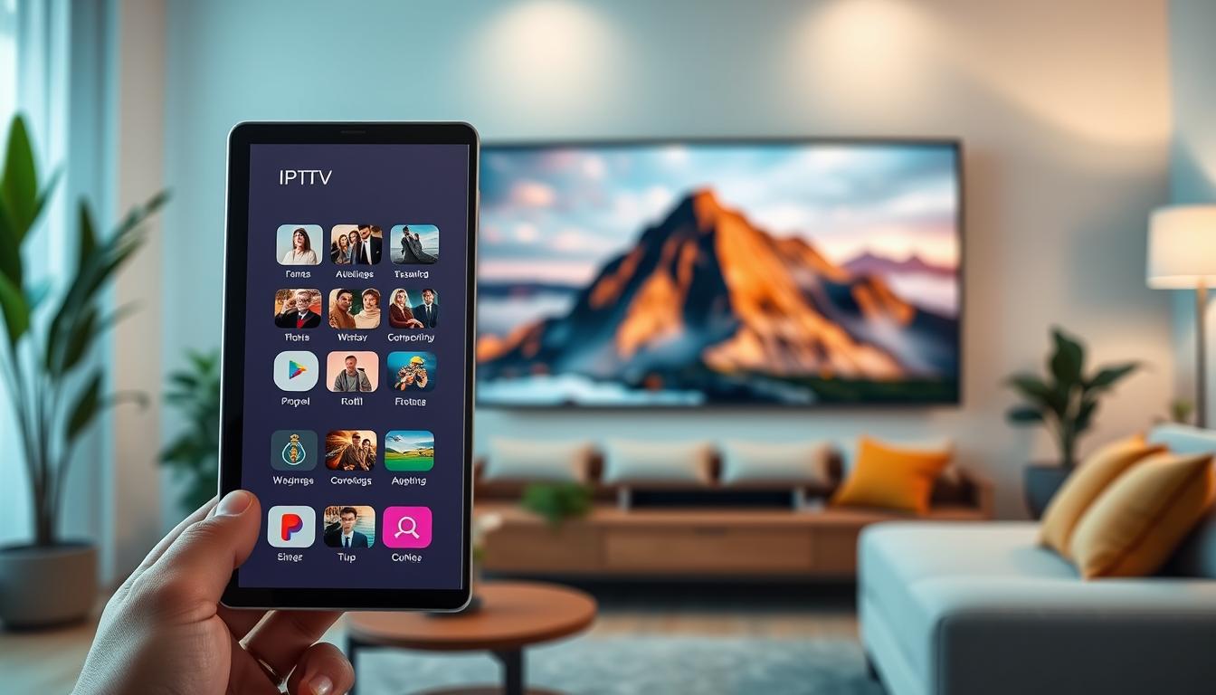 A sleek and modern IPTV streaming app interface, displayed on a high-resolution tablet device. The foreground features a clean, intuitive UI with a grid of vibrant channel icons, smooth animations, and a minimalist design. The middle ground showcases a large, cinematic video player displaying a captivating nature documentary, with vivid colors and crisp details. The background depicts a cozy living room setting, with soft lighting, a plush sofa, and houseplants, creating a warm and inviting atmosphere. The overall scene conveys the evolution of television, where advanced IPTV technology seamlessly blends with a comfortable, immersive home viewing experience.