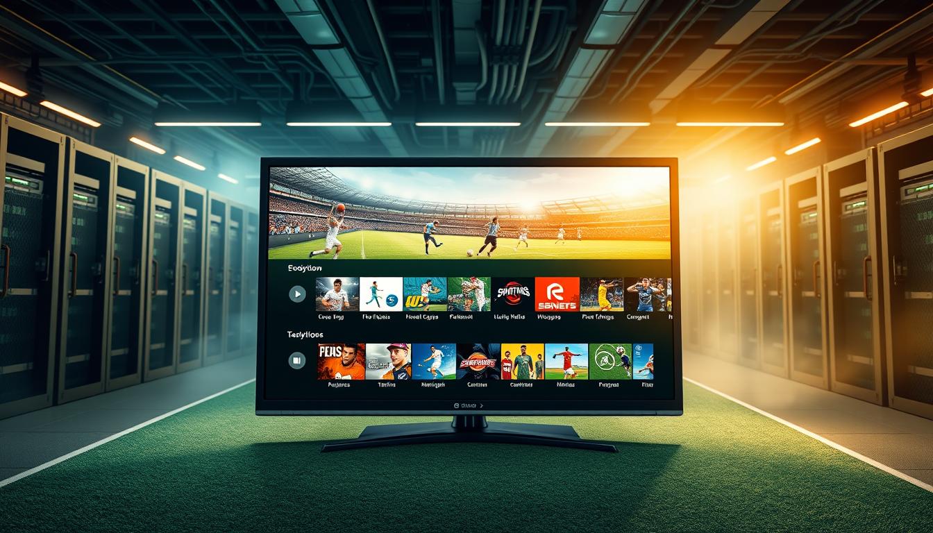 A vibrant and dynamic sports package, showcasing a sleek and modern IPTV interface. In the foreground, a high-definition display presents a diverse selection of live sporting events, from football and basketball to tennis and golf. The middle ground features various control panels and options, allowing seamless navigation through the extensive content library. In the background, a sophisticated technological landscape with server racks and network cables, conveying the reliability and power of the IPTV system. The scene is illuminated by a warm, ambient lighting, creating a sense of immersion and entertainment. The overall atmosphere exudes a feeling of excitement and connectivity, perfectly capturing the "Benefits of IPTV Subscription for Sports."