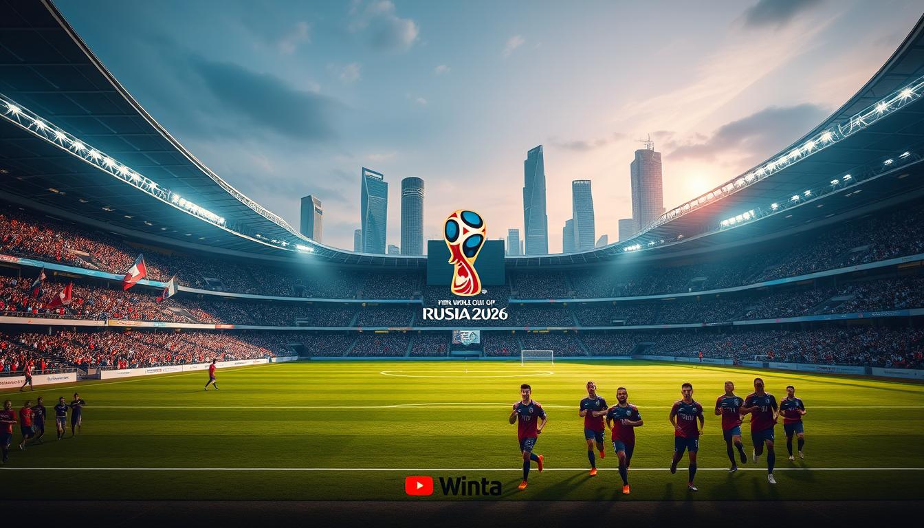 A vast soccer stadium set against the backdrop of towering skyscrapers, the 2026 FIFA World Cup logo prominently displayed on the pitch. Vibrant spotlights illuminate the scene, casting a warm glow over the packed stands where passionate fans wave national flags and cheer on their teams. The stadium's sleek, modern architecture blends seamlessly with the futuristic urban landscape, hinting at the technological innovations that will elevate the viewing experience. In the foreground, a group of players in their national team uniforms jog onto the field, their determined expressions and skilled movements capturing the drama and intensity of the world's greatest soccer tournament.