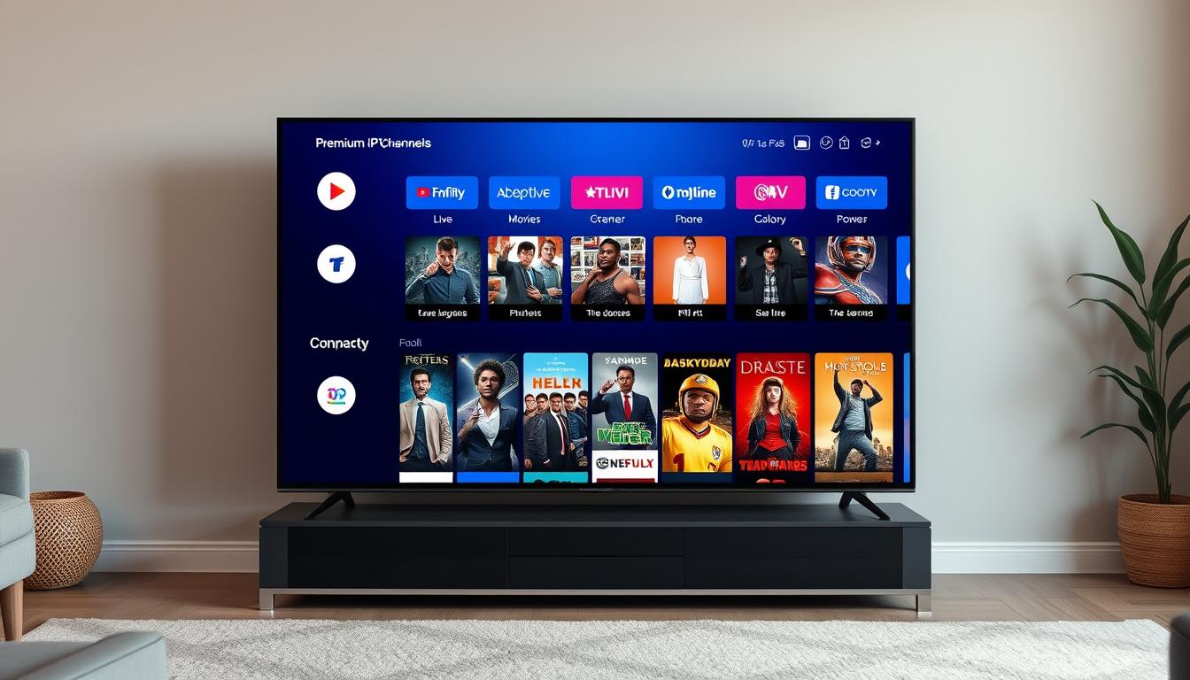 A high-quality, ultra-detailed image of premium IPTV channels displayed on a modern 4K smart TV screen. The TV is placed on a sleek, minimalist entertainment unit in a warm, cozy living room with neutral-toned walls and soft lighting. The screen shows a diverse selection of live TV channels, movies, and on-demand content organized in a visually appealing, user-friendly interface. The overall scene conveys the convenience, entertainment value, and premium quality of an IPTV service in the United States.