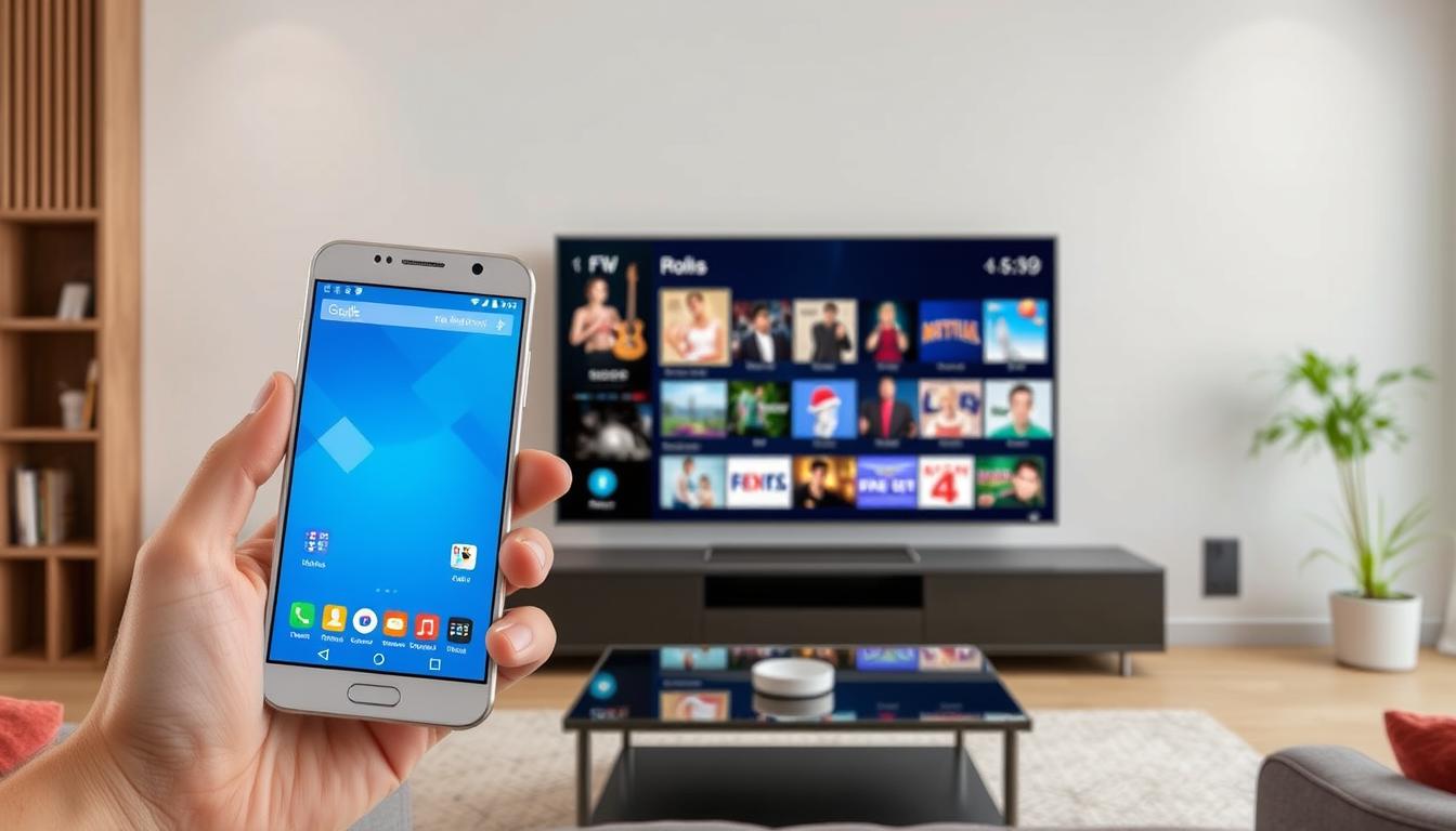 A sleek and intuitive IPTV app for Android devices, presented against a backdrop of a modern living room. The app's interface features a clean, minimalist design with vibrant colors and crisp iconography, showcasing its user-friendly navigation. In the foreground, a hand holds an Android smartphone, the IPTV app prominently displayed, highlighting the seamless integration with the device. The middle ground showcases a large, high-definition television screen displaying a variety of streaming content, conveying the boundless entertainment options available through the IPTV platform. The overall scene exudes a sense of technological sophistication, convenience, and the ability to unlock a world of diverse media at one's fingertips.
