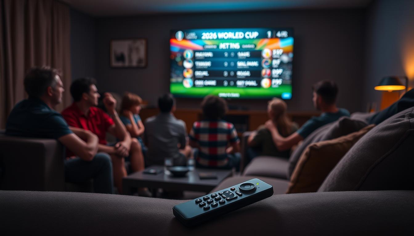 A dimly lit living room, the glow of a 4K TV screen reflecting off the faces of sports fans gathered around, eagerly awaiting the start of the 2026 FIFA World Cup. The room is filled with the buzz of an IPTV streaming service, its intuitive interface displaying the match schedule and lineup. In the foreground, a modern wireless remote control rests on a plush couch, ready to navigate the seamless IPTV experience. The atmosphere is one of anticipation and excitement, with the warm tones of the lighting adding to the cozy, immersive ambiance.