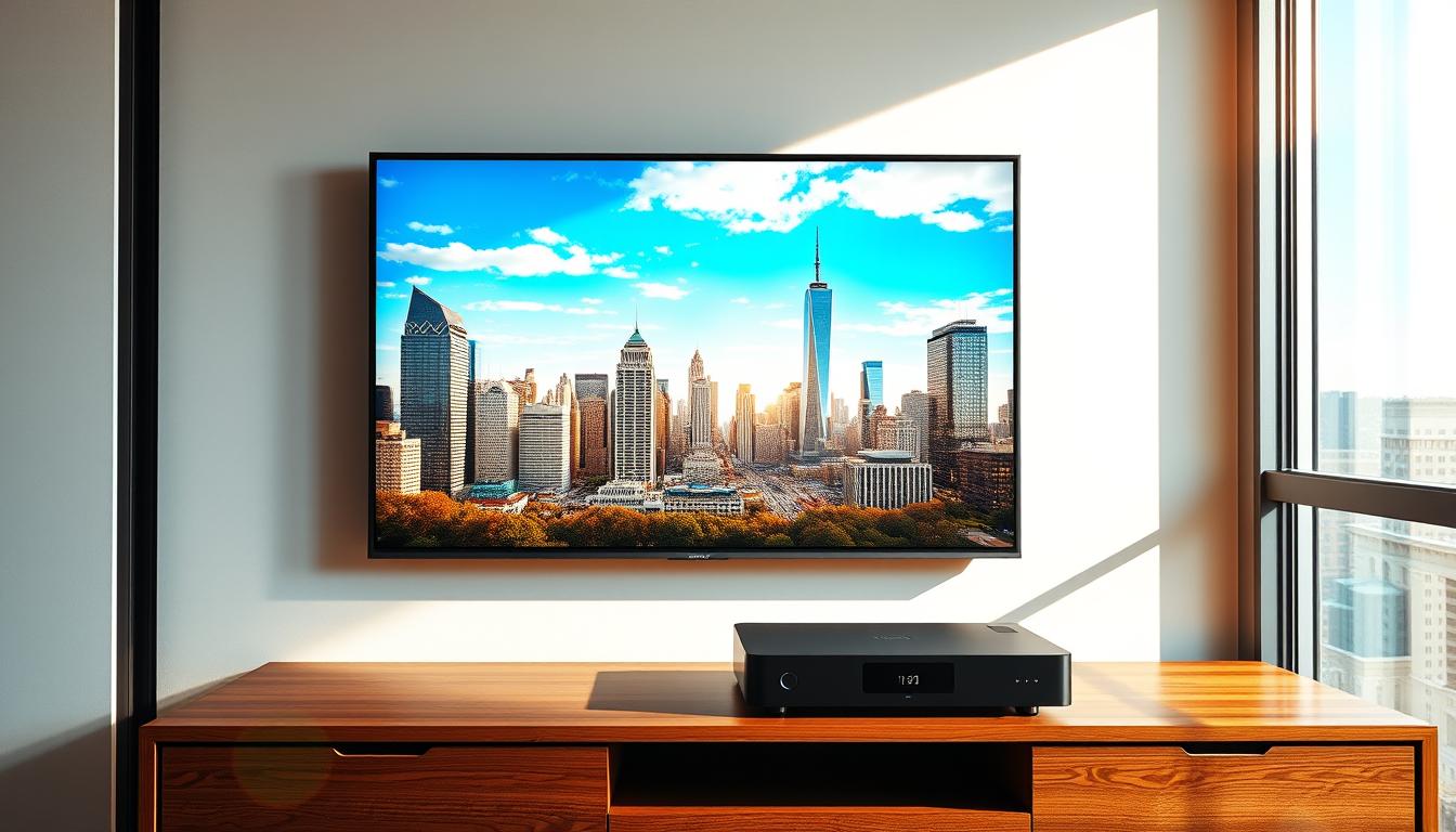A sleek, modern living room with a large flat-screen TV mounted on the wall. The TV is displaying a vibrant, high-definition image of a thriving metropolis skyline, reflecting the evolution of television from traditional cable to the immersive world of IPTV. Sunlight streams through the window, casting a warm, cozy glow over the room. On a wooden media console, a state-of-the-art IPTV set-top box sits prominently, symbolizing the integration of cutting-edge technology into the home entertainment experience. The scene conveys a sense of progress, comfort, and the seamless integration of IPTV into the modern lifestyle.