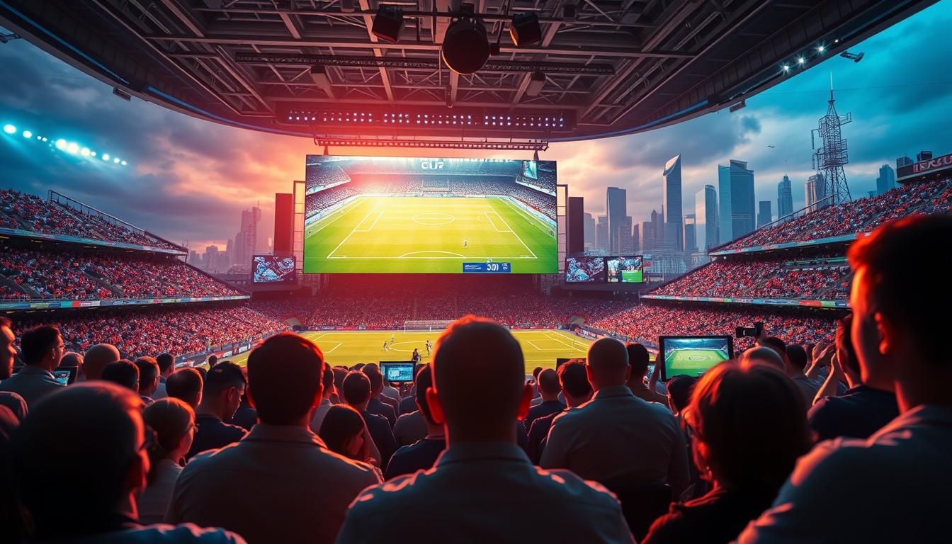 A vibrant, cinematic scene depicting the future of IPTV technology for sports broadcasting. In the foreground, a stadium crowd watches a live FIFA World Cup match on a massive, ultra-high-definition display. Spectators are immersed in the action, their faces lit by the stadium's dynamic lighting. In the middle ground, a control room bustles with technicians monitoring feeds and adjusting camera angles to deliver a seamless, high-quality viewing experience. The background reveals a futuristic cityscape, with skyscrapers and telecommunication towers symbolizing the advanced infrastructure powering IPTV's revolutionary impact on sports viewership. The overall mood is one of energy, innovation, and the transformative potential of IPTV technology.