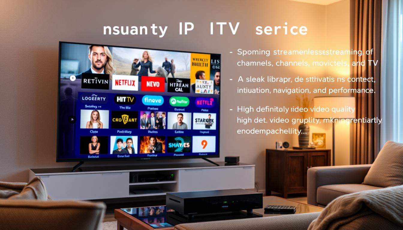 A high-quality IPTV service providing seamless streaming of live TV channels, movies, and TV shows. A sleek, modern interface with a vast library of content, intuitive navigation, and reliable performance. High-definition video quality with minimal buffering, showcased on a stylish, high-tech device in a cozy, well-lit living room setting. Soft, warm lighting illuminates the scene, creating a comfortable and inviting atmosphere for a premium entertainment experience.