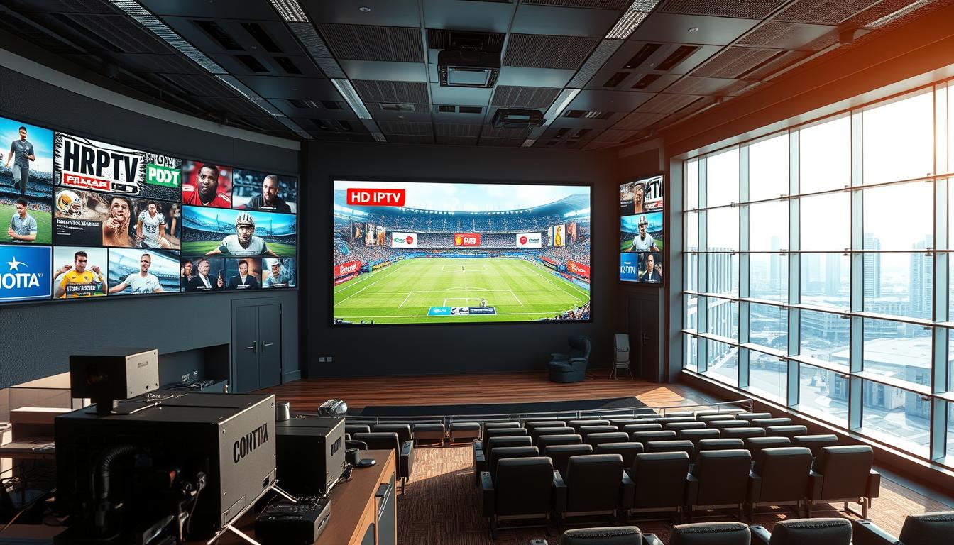 Elegant sports arena with a large screen displaying various HD IPTV channels. Bright, natural lighting illuminates the scene, creating a vibrant atmosphere. In the foreground, sleek equipment and high-tech devices suggest the advanced technology powering the IPTV system. The middle ground features comfortable seating areas, inviting viewers to immerse themselves in the premium content. Expansive windows in the background offer a glimpse of a dynamic cityscape, hinting at the global reach and accessibility of the IPTV service. The overall composition conveys a sense of exclusivity, quality, and the excitement of premium sports entertainment.