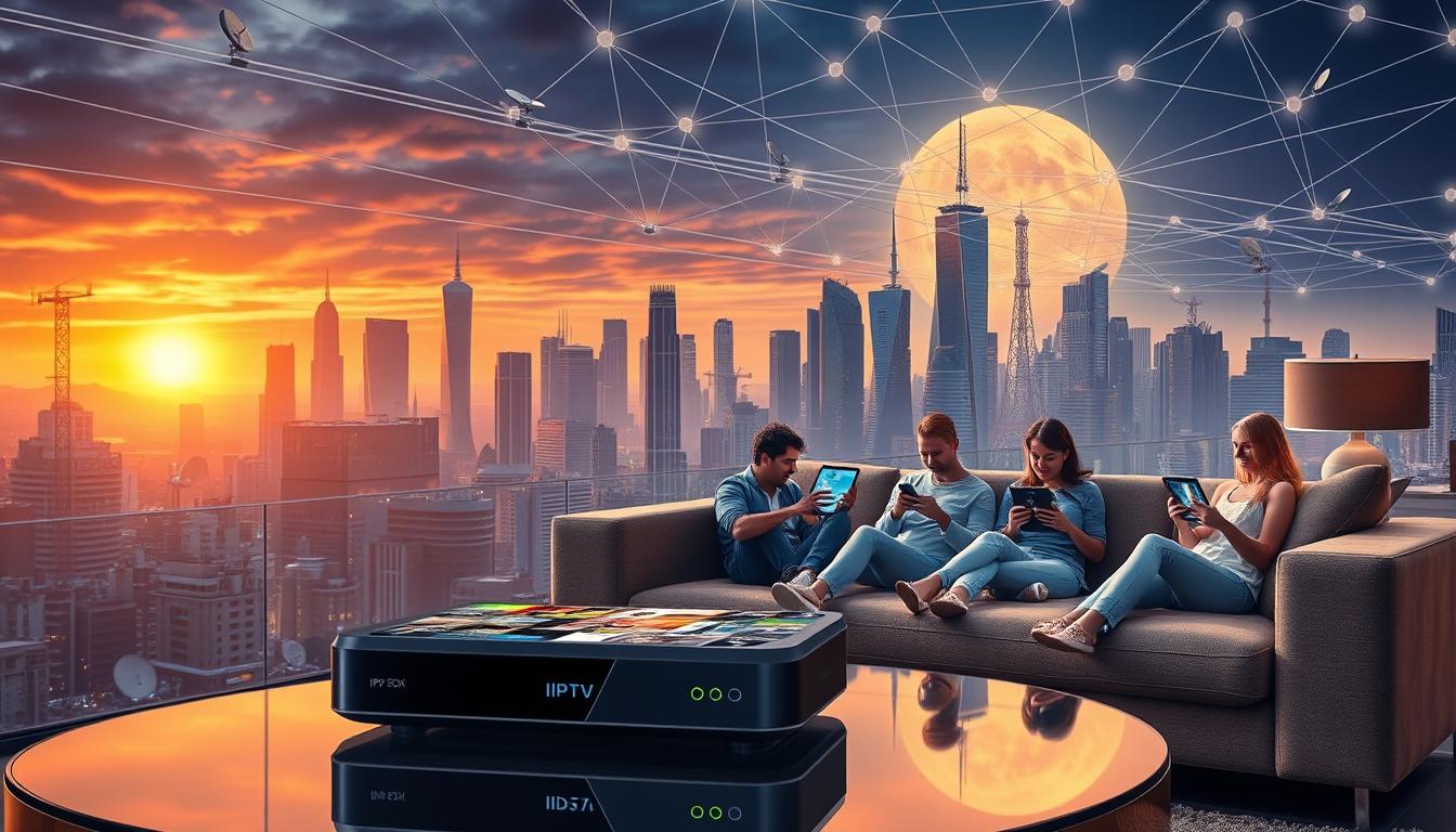 A futuristic cityscape with towering skyscrapers and satellite dishes adorning the rooftops, bathed in a warm, golden glow from the setting sun. In the foreground, a sleek, modern IPTV set-top box rests on a glass table, its display showcasing a rich, vibrant interface of live television channels and streaming content. The middle ground features a group of people relaxing on plush sofas, their faces illuminated by the glow of their tablet devices as they browse IPTV offerings. The background is filled with a network of interconnected cables and wireless signals, representing the ubiquity and connectivity of IPTV technology. The overall scene conveys the convenience, accessibility, and growing popularity of IPTV as a cost-effective solution for enjoying live TV and a diverse range of streaming content.