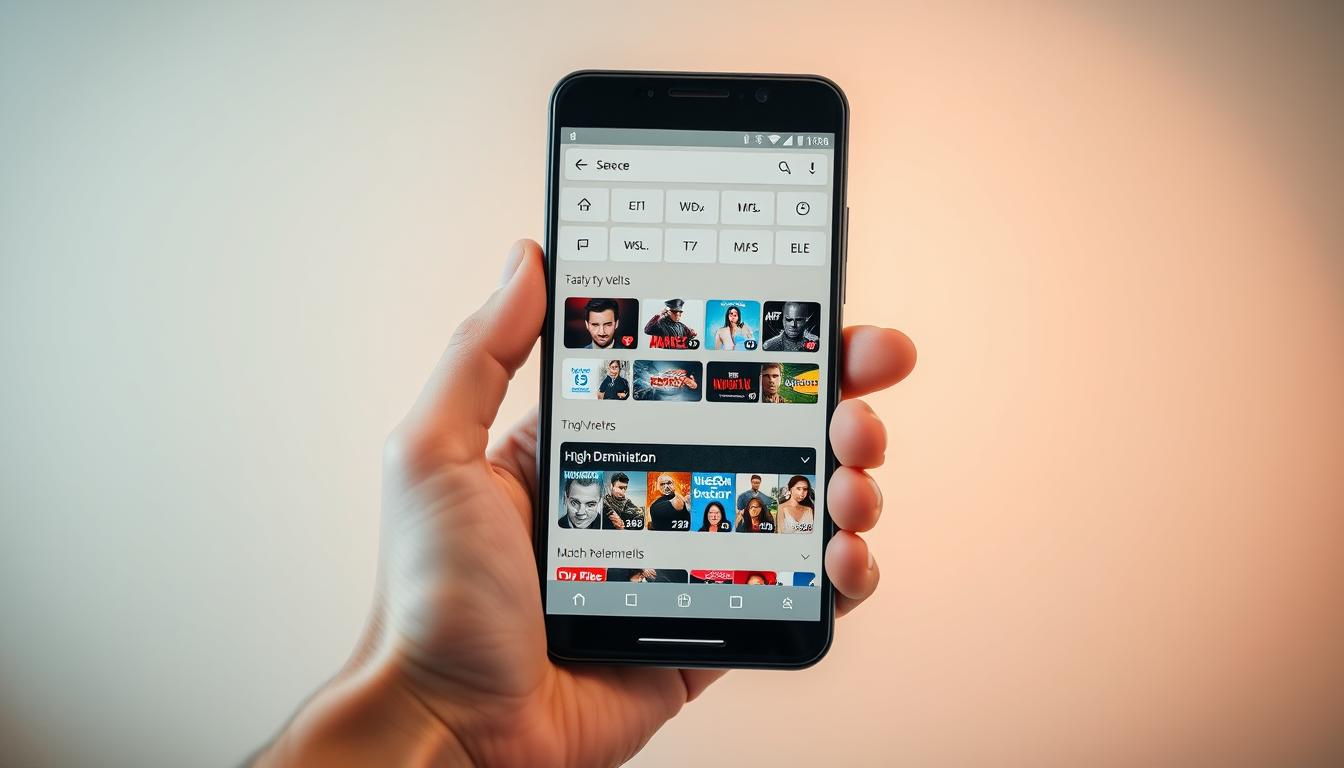 A sleek, modern android mobile device displaying a well-designed IPTV app interface. The app features a clean, minimalist layout with intuitive navigation menus, high-definition channel thumbnails, and a responsive, user-friendly design. The device is held in a natural, relaxed hand pose against a soft, blurred background highlighting the app's key features. Warm, indirect lighting illuminates the scene, creating a sense of comfort and seamless user experience. The overall mood is one of simplicity, efficiency, and the effortless enjoyment of streaming content on the go.