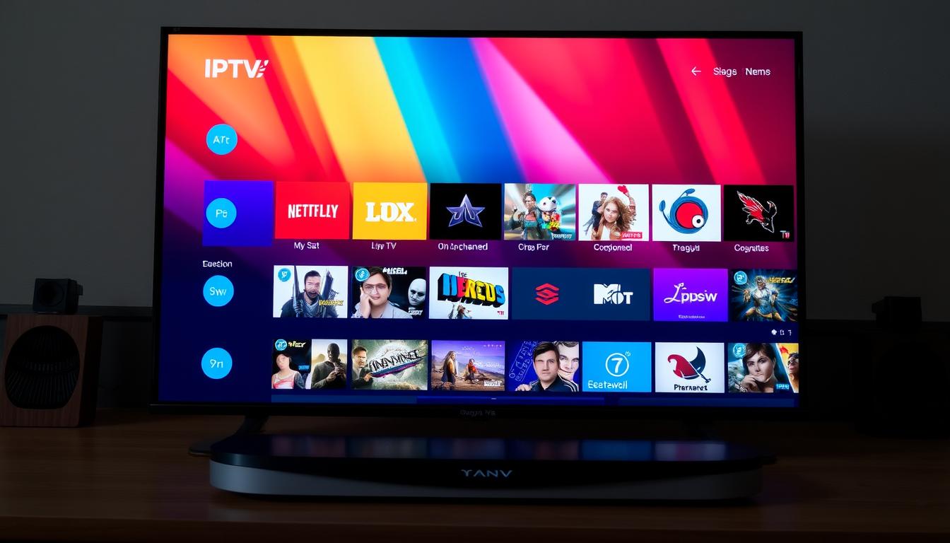 A dynamic IPTV streaming service interface displayed on a sleek, modern device, showcasing a diverse selection of live TV channels and on-demand content. The interface features a clean, intuitive design with bold typography, vibrant color palettes, and smooth transitions, creating an immersive viewing experience. The overall atmosphere conveys a sense of technological sophistication and the convenience of streaming entertainment at one's fingertips, reflecting the growing popularity of IPTV solutions.