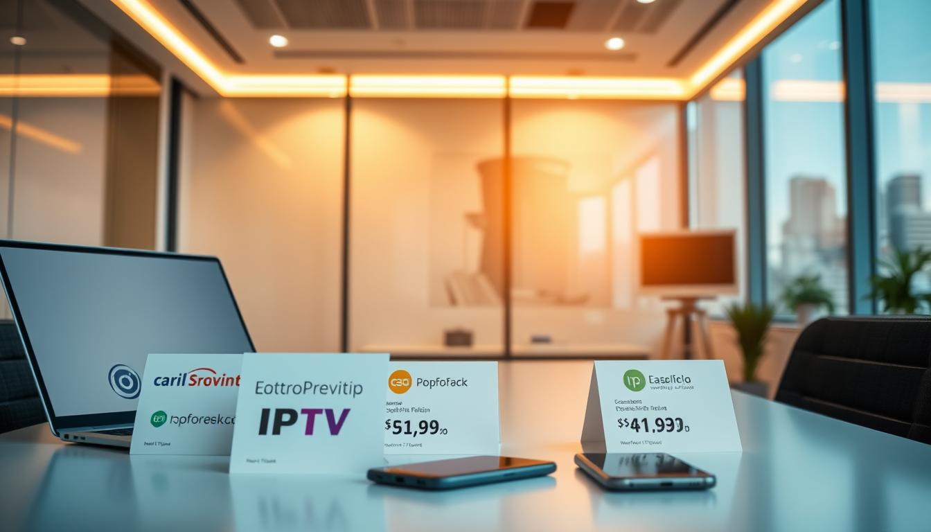 A well-lit, modern office interior with a desk showcasing a laptop, tablet, and smartphone. On the desk, various IPTV provider logos and pricing information are neatly arranged, highlighting their cost-effective offerings. The background features a large window with a cityscape view, conveying a sense of professionalism and urban sophistication. Warm, indirect lighting from above creates a welcoming atmosphere, while the clean, minimalist design suggests a focus on efficiency and value.