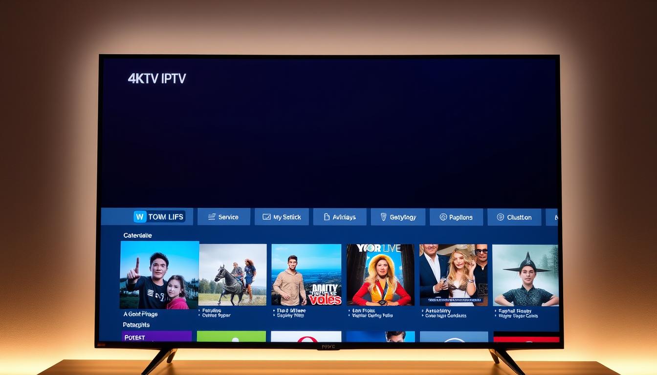 A sleek, modern IPTV streaming service interface displayed on a high-resolution 4K television screen. The screen is backlit with a soft, diffused lighting, creating a warm and inviting atmosphere. The user interface features a clean, minimalist design with large, easy-to-navigate icons for various content categories. The layout is balanced and uncluttered, with a focus on showcasing high-quality video thumbnails and content descriptions. The overall impression is of a sophisticated, user-friendly IPTV service that provides a seamless and immersive streaming experience.
