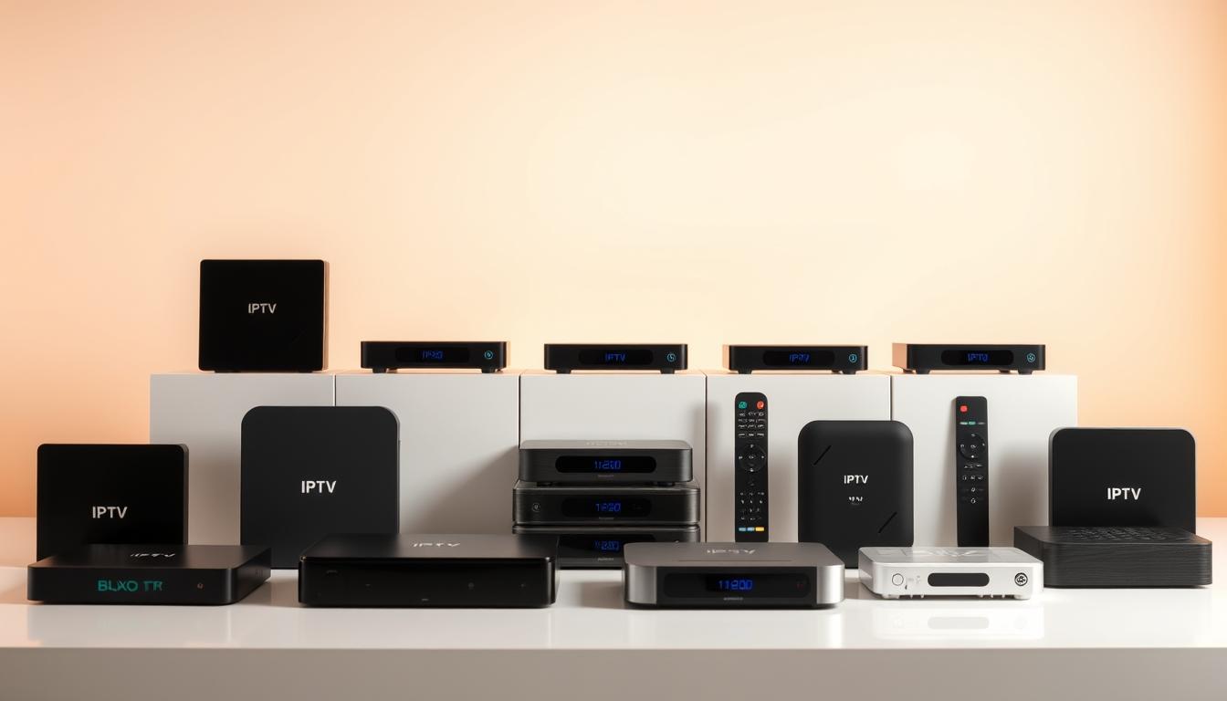 A modern, sleek IPTV box setup displayed against a soft, minimalist background. The foreground features an array of different IPTV box models in various shapes, sizes, and colors, showcasing the diverse options available to consumers. The middle ground has a clean, white surface reflecting the boxes, while the background has a subtle, warm-toned gradient to create depth and focus the viewer's attention on the products. The lighting is soft and diffused, accentuating the clean lines and premium materials of the IPTV boxes. The overall scene conveys a sense of technological sophistication and consumer choice for the home entertainment setup.