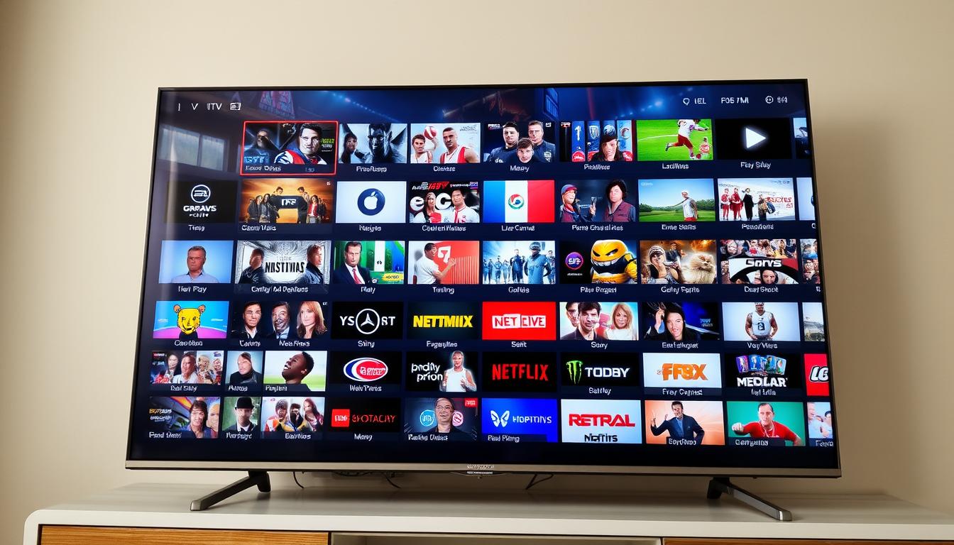 A high-quality IPTV service with a vast array of live TV channels, displayed on a modern smart TV. The screen shows a diverse selection of news, sports, movies, and entertainment options, all accessible through a sleek and intuitive user interface. The channels are presented in vivid, high-definition quality, with crisp visuals and clear audio. The lighting is natural and balanced, creating a warm and inviting atmosphere. The camera angle captures the TV screen from a slightly elevated perspective, highlighting the screen's impressive size and the immersive viewing experience. The overall scene conveys the future of television, where a lifetime IPTV subscription offers a world of endless entertainment at your fingertips.
