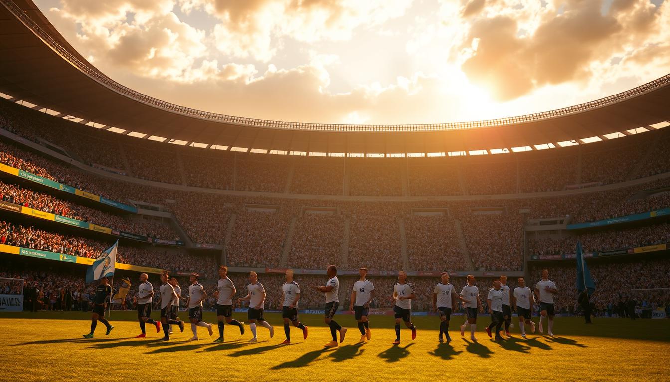 A dramatic, cinematic scene of the 2026 FIFA World Cup: The field is bathed in golden hour lighting, casting dramatic shadows across the manicured grass and sprawling stadium. In the foreground, a group of elite national team players stride onto the pitch, their uniforms crisp and their expressions focused. In the middle ground, the vast, undulating crowd roars with anticipation, waving colorful flags and banners that ripple in the gentle breeze. And in the background, the towering stadium architecture stretches up towards a vibrant, cloud-streaked sky, setting the stage for this global sporting spectacle. The overall mood is one of anticipation, grandeur, and the thrill of the world's greatest football tournament.