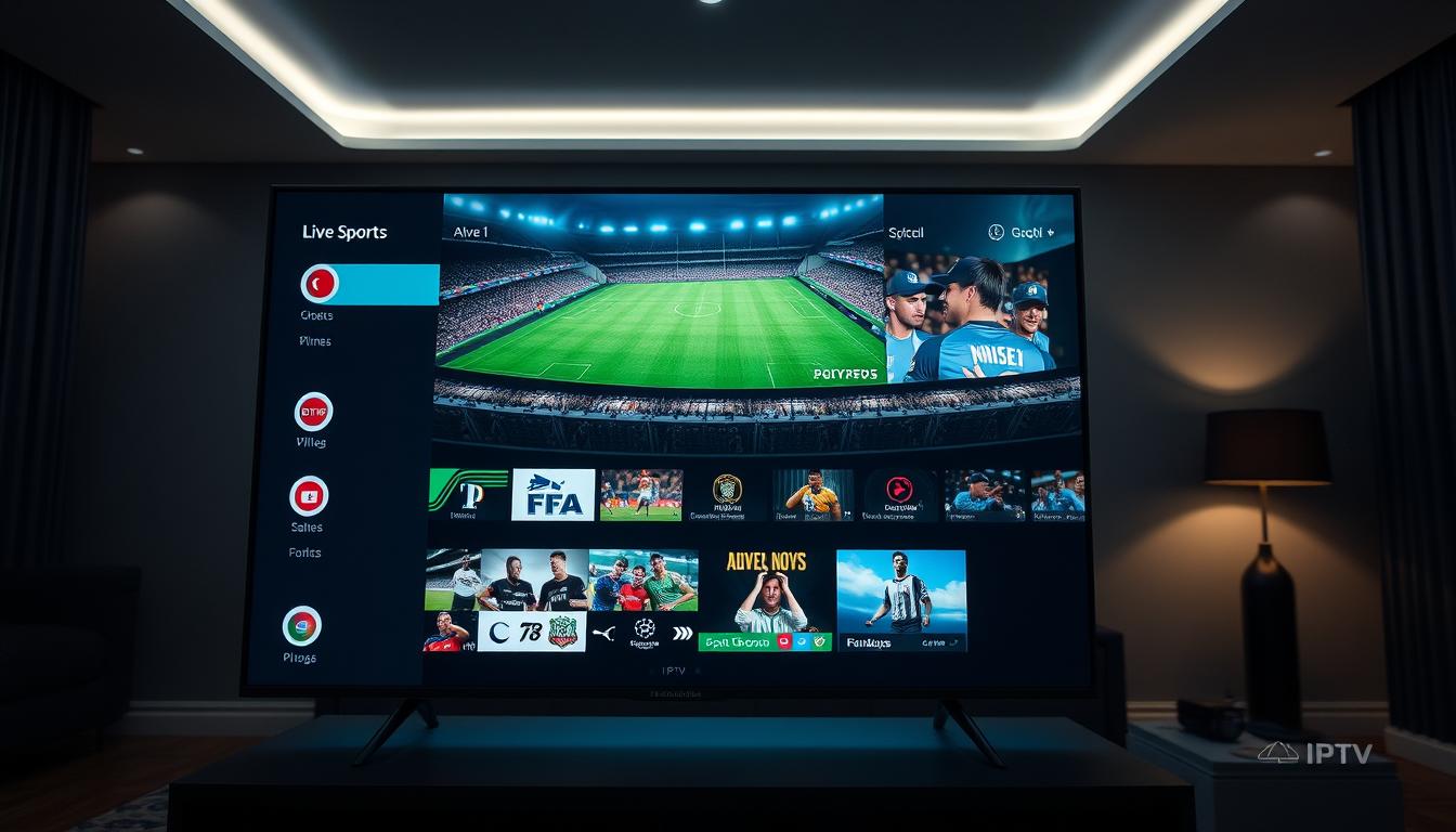 A high-quality, hyper-realistic image of an IPTV interface displaying live sports events, showcasing a variety of channels and events. The foreground features a sleek, modern TV screen with a clean user interface, highlighting the selection of live sports coverage. The middle ground depicts various sports icons, logos, and live event feeds, creating an immersive sports viewing experience. The background is a dimly lit living room setting, with subtle ambient lighting and minimal distractions, emphasizing the focus on the IPTV display. The overall scene conveys a sense of excitement and anticipation for the upcoming sports event, with a professional, high-end aesthetic.