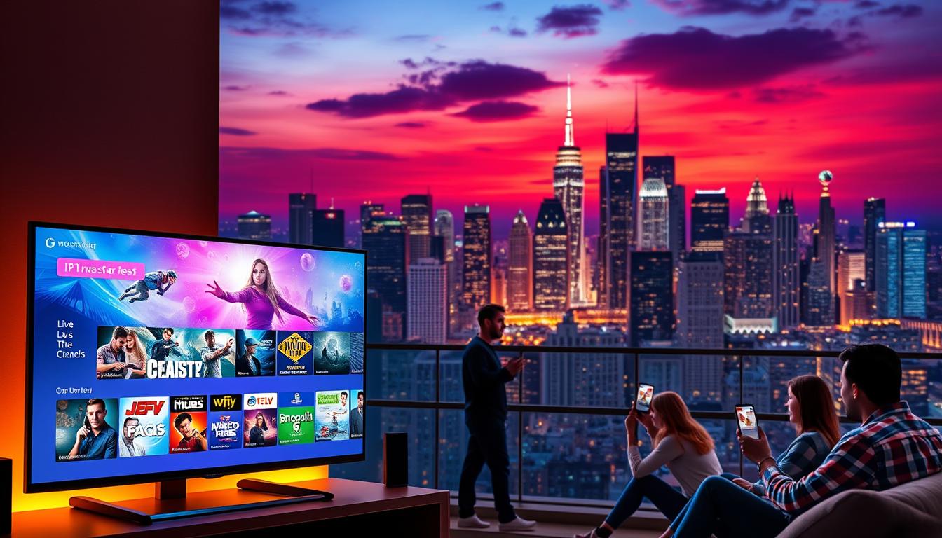 A vibrant and informative visual representation of the benefits of using IPTV services. In the foreground, a sleek, modern television displaying a variety of content, showcasing the wide range of entertainment options available. In the middle ground, a group of people engaged in various activities, such as streaming movies, watching live sports, and accessing a plethora of channels, highlighting the convenience and accessibility of IPTV. In the background, a cityscape with towering skyscrapers and a vibrant night sky, symbolizing the global reach and seamless integration of IPTV into the digital landscape. The scene is illuminated by a warm, inviting lighting, creating a sense of comfort and enjoyment. The overall composition conveys the versatility, flexibility, and the transformative potential of IPTV services.