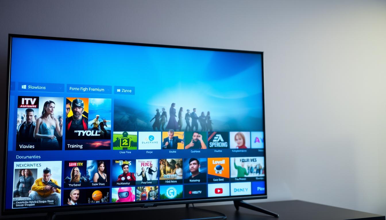 A vibrant and diverse premium IPTV content library, showcasing a wide range of genres and entertainment options. In the foreground, a sleek and modern television screen displays high-definition, crystal-clear imagery, with a selection of popular movies, TV shows, live sports, and more. In the middle ground, various content thumbnails and icons representing the vast array of available content categories, from action and adventure to documentaries and children's programming. The background features a subtle, soft-focus gradient, creating a sense of depth and emphasizing the breadth of the IPTV service. The overall mood is one of premium, high-quality entertainment, with a touch of technological sophistication.
