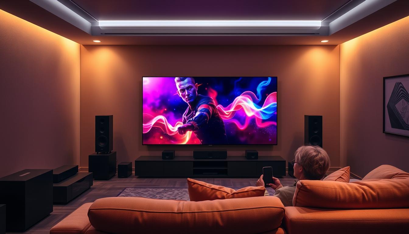 A living room with a large 4K OLED television, showcasing a vibrant and immersive IPTV viewing experience. The room is dimly lit, with soft ambient lighting accentuating the screen's clarity and contrast. The viewer is seated comfortably on a plush sofa, surrounded by sophisticated home theater equipment, including a high-end sound system. The image conveys a sense of relaxation and cinematic quality, highlighting the benefits of an IPTV subscription with 4K channels for an unparalleled entertainment experience.