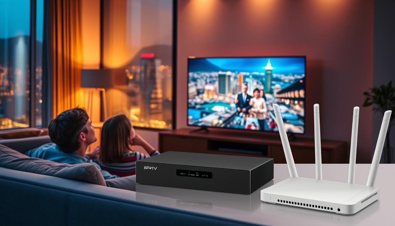 A vibrant, cinematic scene showcasing the benefits of an IPTV subscription. In the foreground, a family relaxing on a comfortable sofa, engrossed in a high-definition movie playing on a large, state-of-the-art TV. In the middle ground, a sleek, modern streaming device and a wireless router, symbolizing the seamless connectivity and endless entertainment options. The background features a lively cityscape, hinting at the global reach and diverse content available through the IPTV service. The lighting is warm and inviting, creating a sense of comfort and enjoyment. The overall composition emphasizes the convenience, quality, and endless possibilities of an IPTV subscription, in contrast to the limitations of traditional cable television.