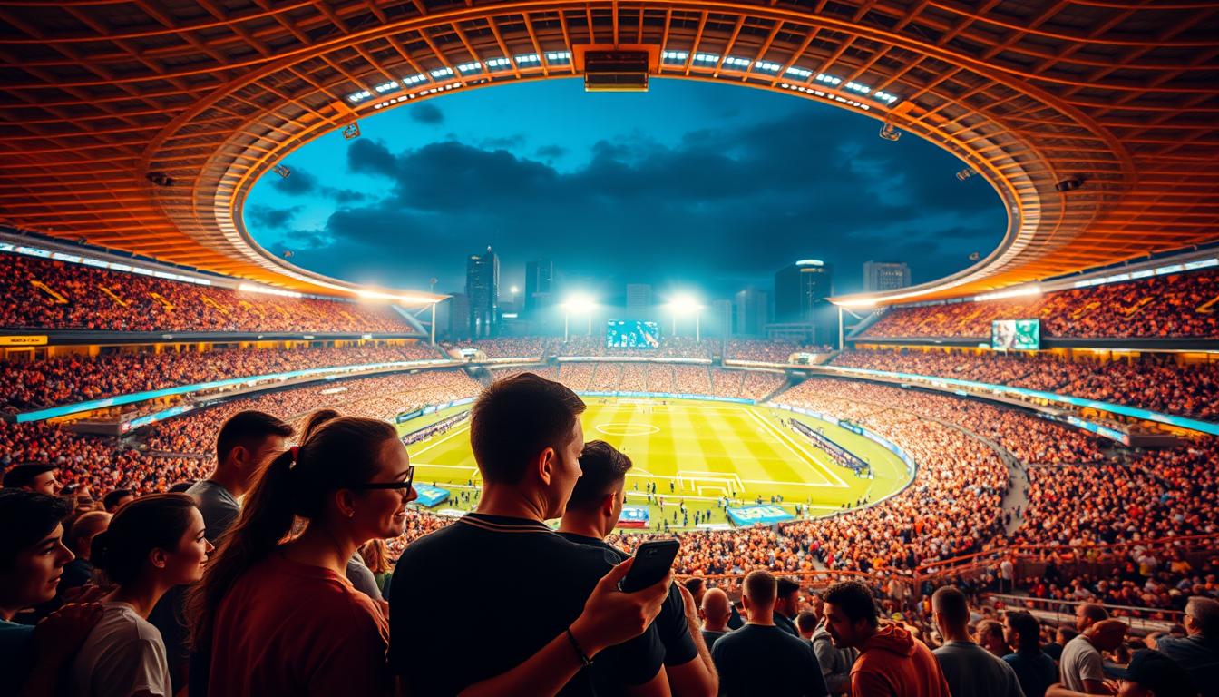 A large stadium, illuminated by warm, golden lighting, stands as the centerpiece of the 2026 World Cup IPTV scene. In the foreground, a group of soccer fans huddle around a mobile device, their faces aglow with excitement as they navigate the IPTV interface, selecting their preferred matches and teams. In the middle ground, the stadium's towering grandstands and manicured pitch come into view, capturing the anticipation and energy of the upcoming tournament. The background is filled with a vibrant cityscape, with skyscrapers and bustling streets, hinting at the global scale and cultural diversity of the event. The overall atmosphere is one of celebration, connectivity, and the thrill of the world's most prestigious soccer competition.