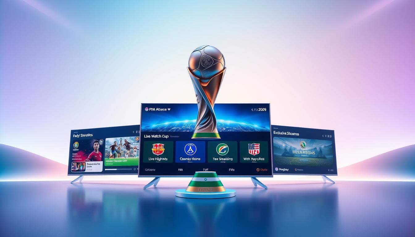 A visually striking and dynamic image of a FIFA 2026 IPTV subscription service, showcasing its features and capabilities. Set against a vibrant, futuristic backdrop, the foreground depicts a high-tech, responsive user interface featuring live match highlights, team statistics, and exclusive streaming options. In the middle ground, a prominent 3D model of the FIFA World Cup trophy adds a sense of prestige and importance. The background evokes a modern, minimalist aesthetic with subtle hues of blue and green, conveying a sense of innovation and cutting-edge technology. Smooth, soft lighting enhances the overall atmosphere, creating a visually captivating and immersive experience for the viewer.