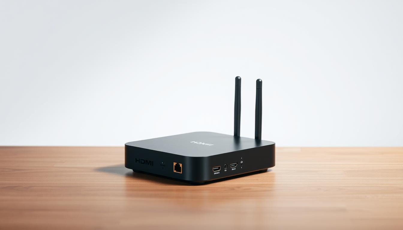 A modern, sleek IPTV box sitting on a minimalist wooden table, with a clean white background. The device is showcased at a slight angle, highlighting its elegant design and key features like HDMI ports, Ethernet connectivity, and Wi-Fi antennas. Soft, indirect lighting casts subtle shadows, emphasizing the box's smooth lines and premium materials. The scene conveys a sense of simplicity, functionality, and high-tech sophistication, reflecting the essential capabilities an IPTV box should possess for seamless streaming.