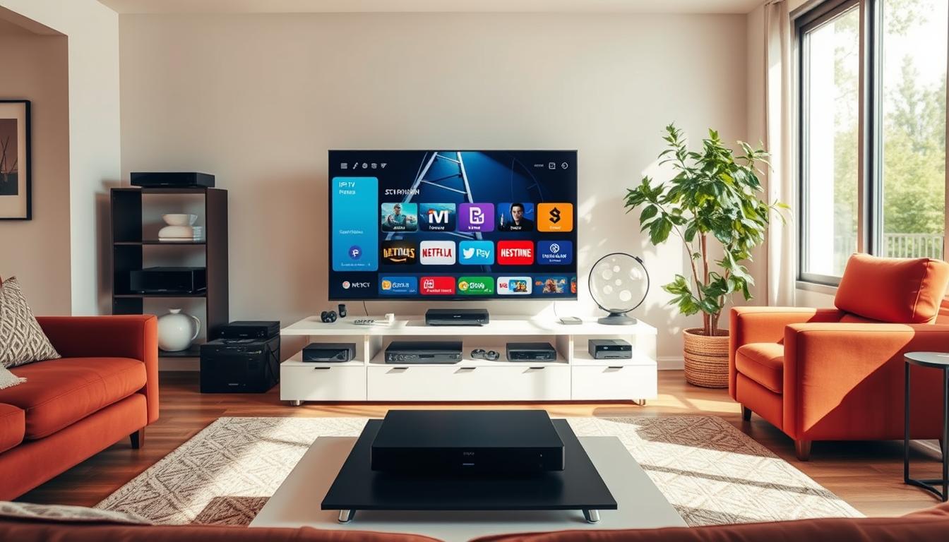 A vibrant living room setting, bathed in warm, inviting lighting. In the foreground, a modern flat-screen television displays a crisp, high-definition IPTV interface, showcasing the evolution of television streaming in Canada. Surrounding the TV, various electronic devices and streaming hardware sit atop a sleek media console, reflecting the technological advancements that have transformed the way Canadians consume entertainment. In the middle ground, a comfortable couch and armchair invite viewers to immerse themselves in the seamless digital experience. The background features large windows, allowing natural light to filter in and creating a sense of openness and modernity. The overall atmosphere conveys the convenience, accessibility, and ever-expanding possibilities of IPTV streaming in the Canadian household.