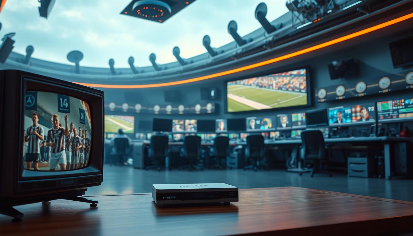 A cinematic vista of the evolving FIFA World Cup broadcasting landscape. In the foreground, a retro CRT television set displays vintage footage of past tournaments, its warm glow casting a nostalgic hue. In the middle ground, a sleek, modern IPTV streaming device stands ready to deliver the latest World Cup action in stunning high definition, symbolizing the shift towards digital accessibility. The background reveals a futuristic control room, replete with banks of monitors, satellite dishes, and cutting-edge production equipment, hinting at the technological advancements transforming the way the world's most prestigious football event is captured and disseminated. The scene is bathed in a soft, cinematic lighting, evoking a sense of the grandeur and significance of the FIFA World Cup broadcasting evolution.