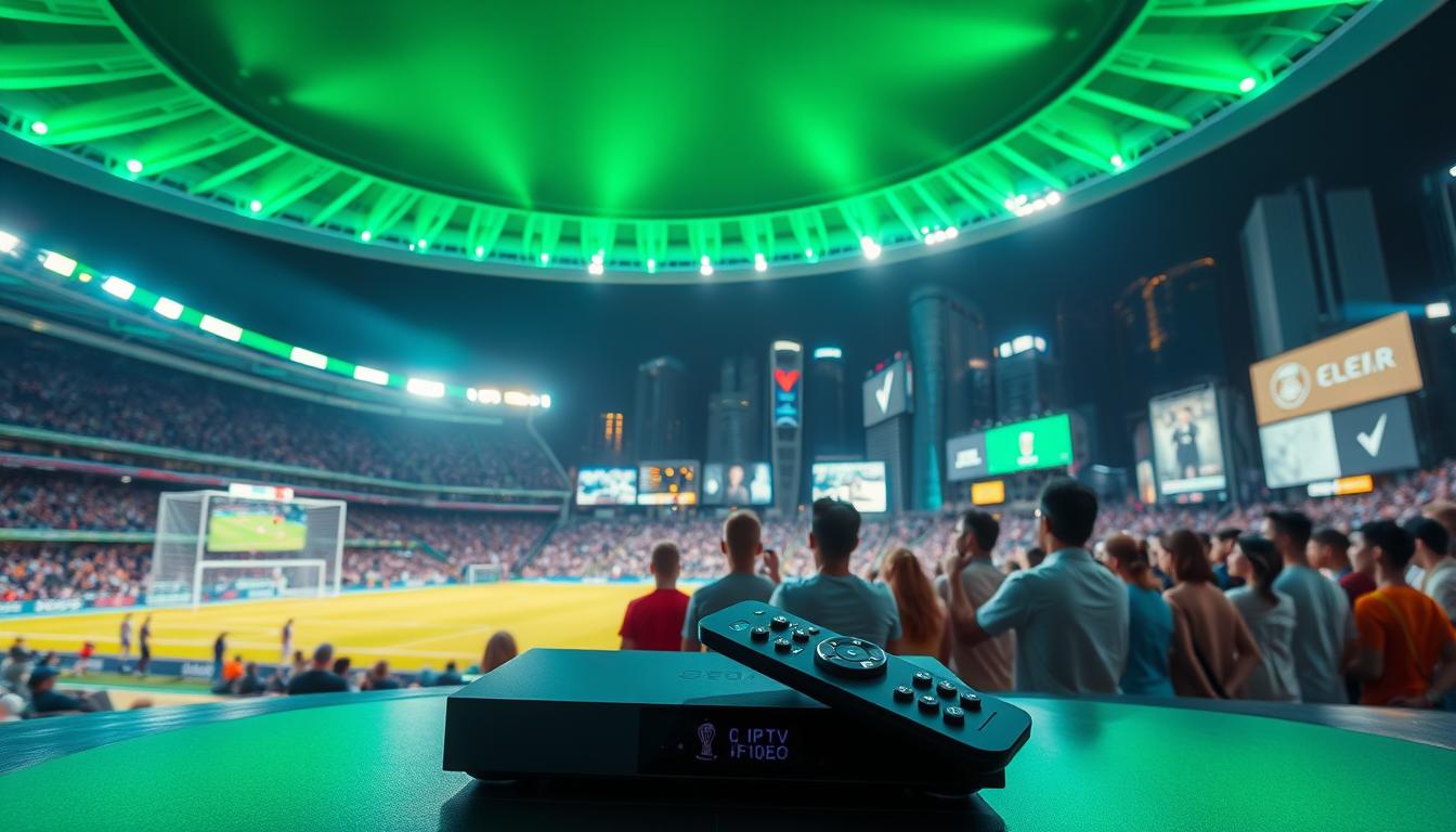 A dazzling FIFA World Cup stadium at night, bathed in vibrant emerald floodlights. In the foreground, an IPTV set-top box and remote control, surrounded by a sleek, modern interface showcasing live match coverage. The middle ground features a group of fans enthusiastically watching the game, their faces illuminated by the glow of a large, curved OLED television. In the background, a cityscape of skyscrapers and neon-lit billboards, capturing the global excitement and energy of the tournament. The scene is captured with a cinematic, wide-angle lens, creating a sense of immersion and grandeur.